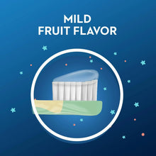 Toothpaste mild fruit flavor graphic with tube foam and green-blue stripe