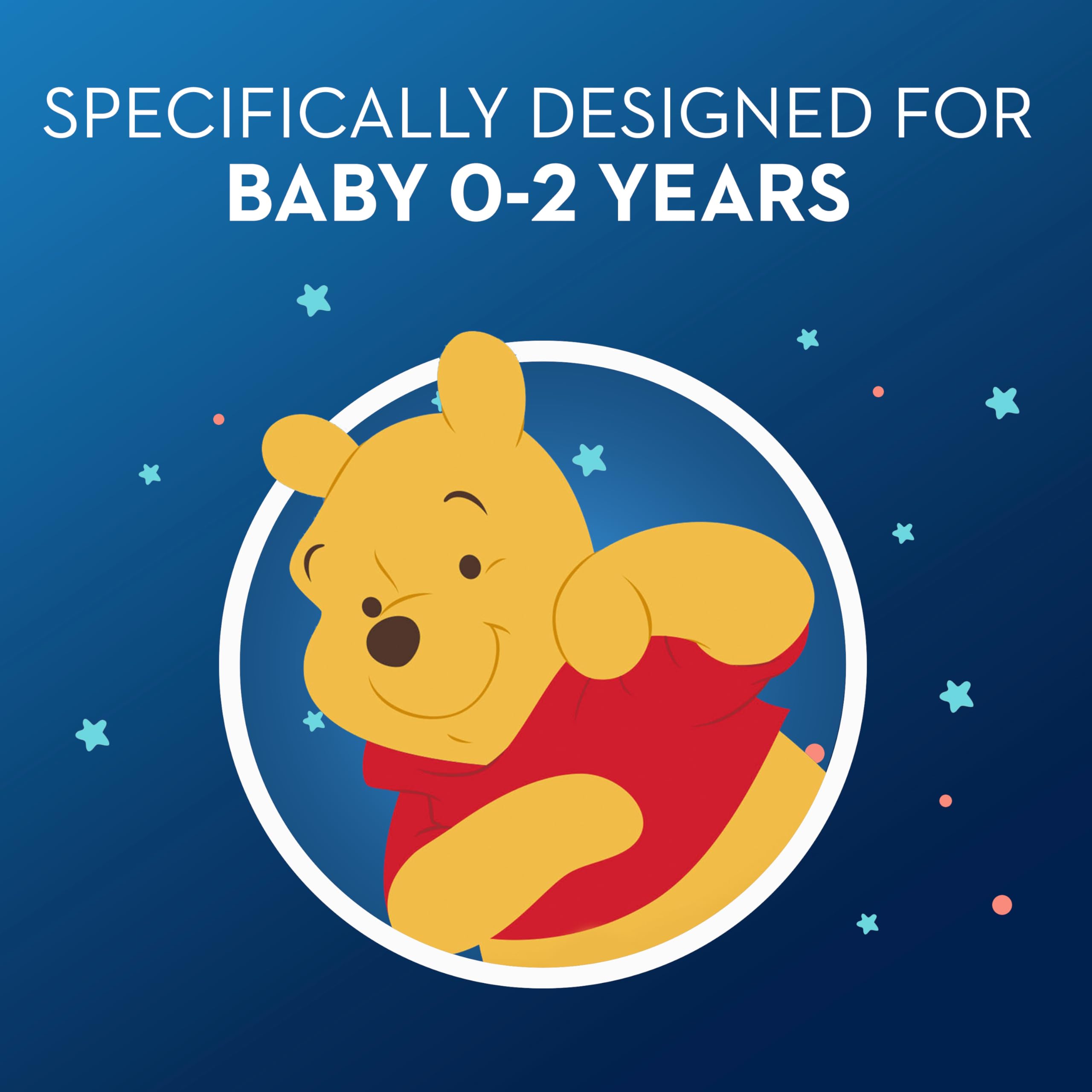 Oral-B baby toothpaste 0-2 years label featuring Winnie the Pooh icon on blue starry background