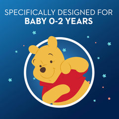 Oral-B baby toothpaste 0-2 years label featuring Winnie the Pooh icon on blue starry background