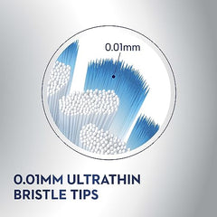 Close up of 0.01mm ultrathin blue and white bristle tips on Oral-B battery powered toothbrush head