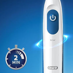Oral-B battery powered toothbrush white handle with blue power button and 2 minute timer icon
