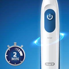 Oral-B battery powered toothbrush white handle with power button and 2 minute timer icon on blue background