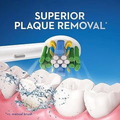 Oral-B battery powered toothbrush round brush head removing plaque from molars with water splash