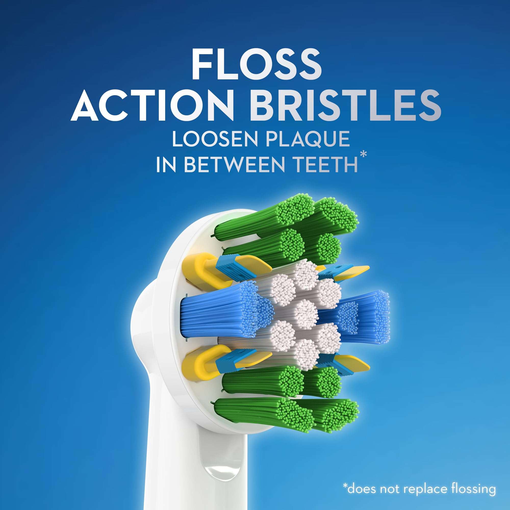 Oral-B battery powered toothbrush floss action bristles closeup on replacement brush head against blue background