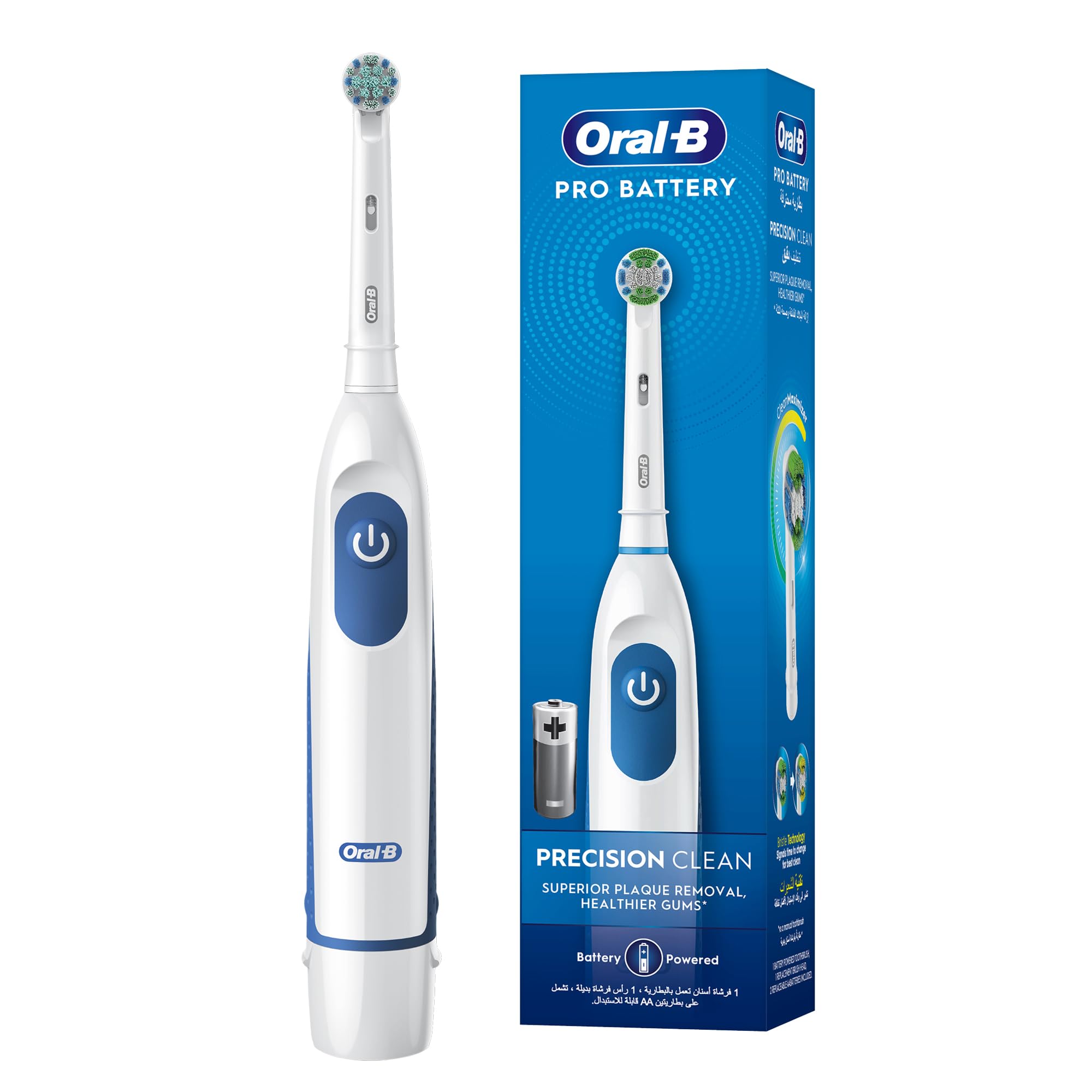 Oral-B battery powered toothbrush Precision Clean white and blue handle with round brush head and box