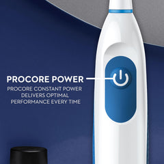 Oral-B battery powered toothbrush white and blue handle closeup showing power button and Procore Power label