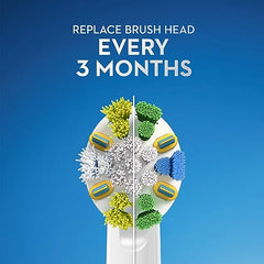 Oral-B battery powered toothbrush replacement brush head close up showing new versus worn bristles and 3 month reminder