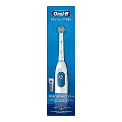 Oral-B battery powered toothbrush Precision Clean white and blue handle with round brush head and AA battery
