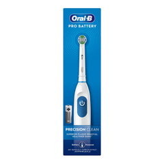Oral-B battery powered toothbrush Pro Battery Precision Clean white handle with round brush head on blue packaging