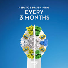 Oral-B battery powered toothbrush replacement brush head close up showing colorful bristles and reminder to replace every 3 months