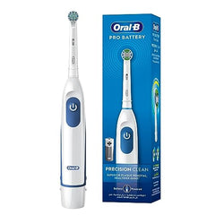Oral-B battery powered toothbrush Precision Clean white and blue handle with round brush head for plaque removal and healthy gums