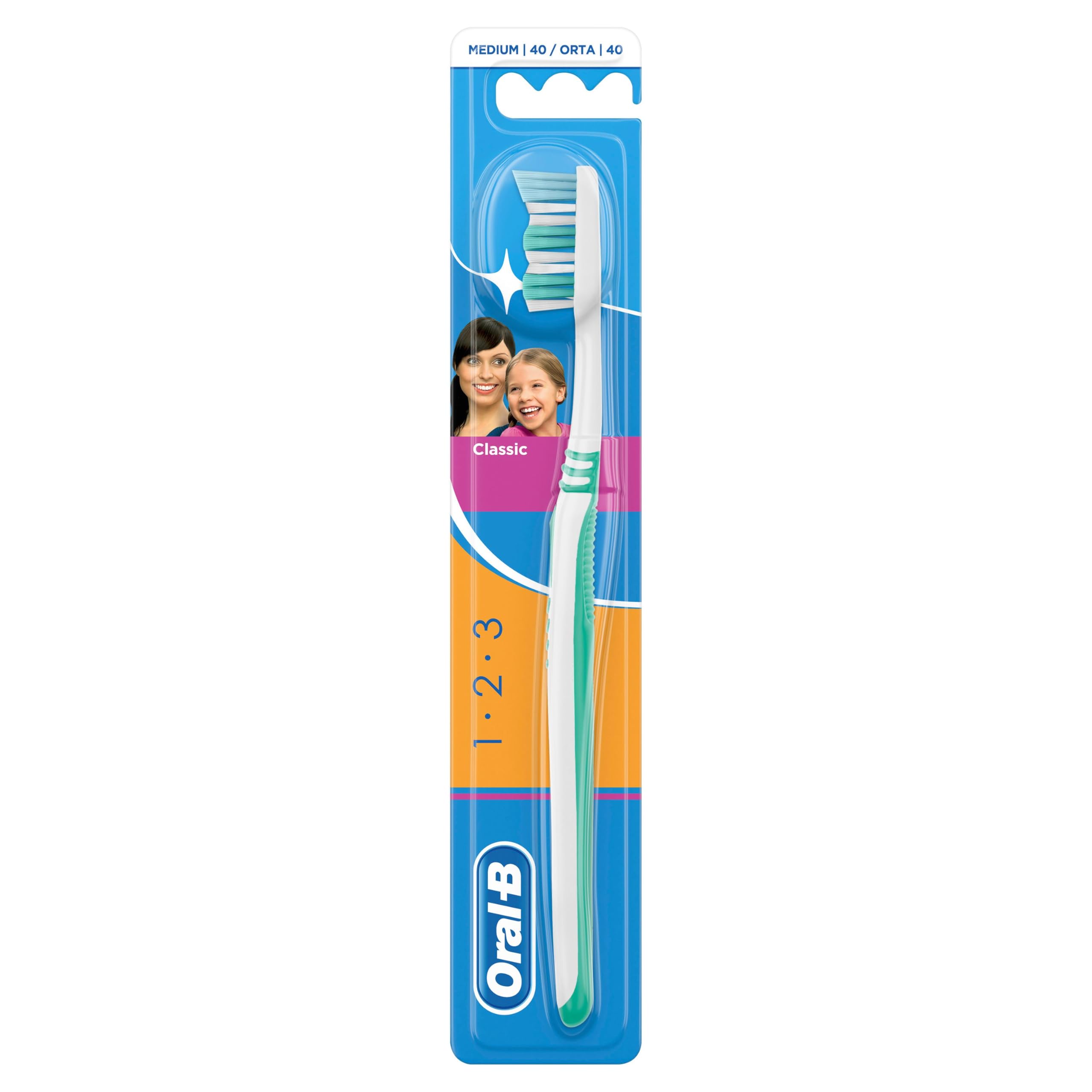 Oral-B Classic toothbrush medium single pack white and green handle in blister packaging with medium bristles