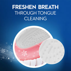 Oral-B Classic toothbrush medium showing textured tongue cleaner pad close up with mint fresh breath graphic