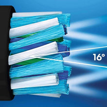 Close-up of blue-and-white bristles on a black replacement brush head