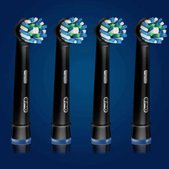 Pack of 4 black Oral-B Crossaction replacement heads with round blue white green bristles on dark blue background