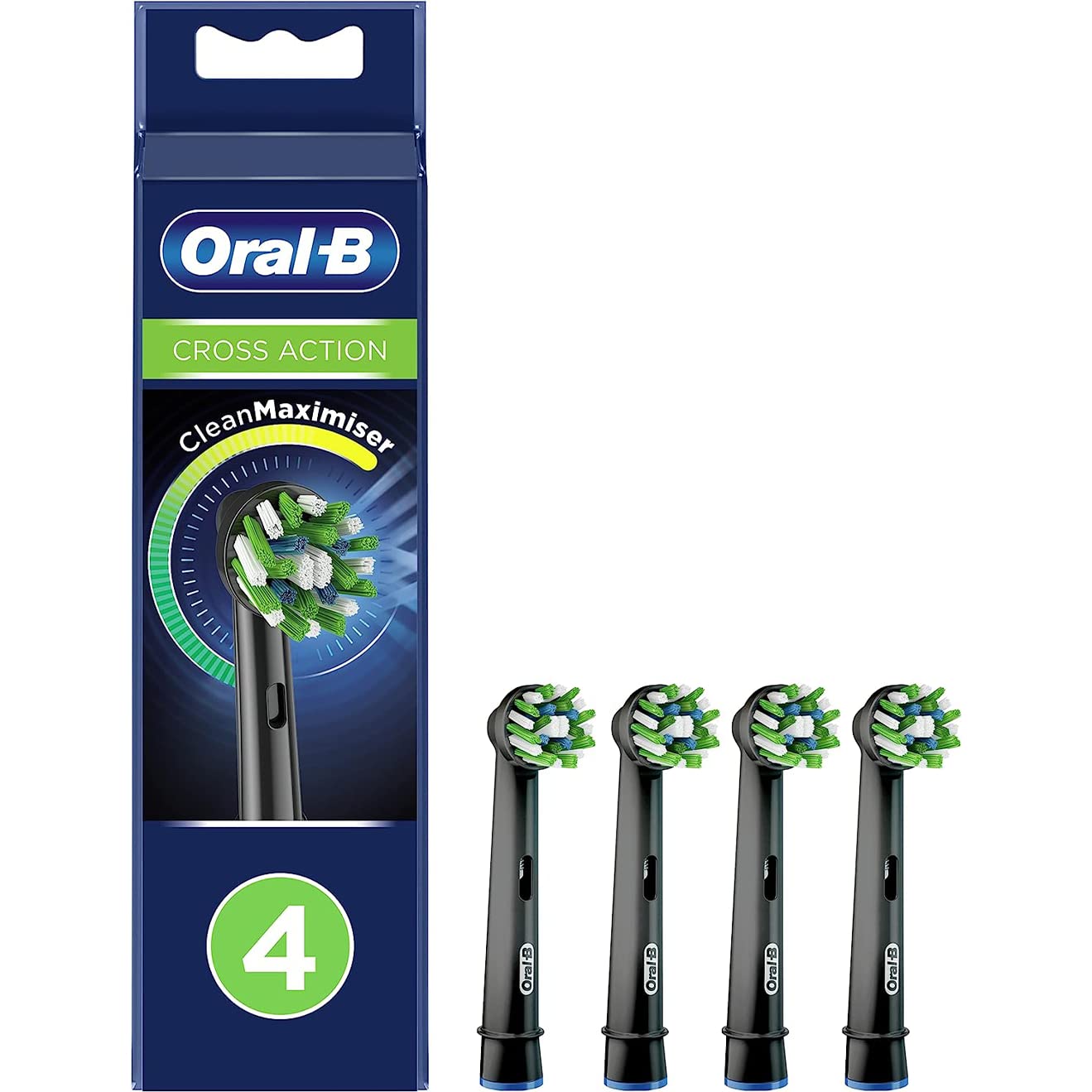 Oral-B Crossaction replacement heads pack of four black brush heads with green white bristles and blue packaging