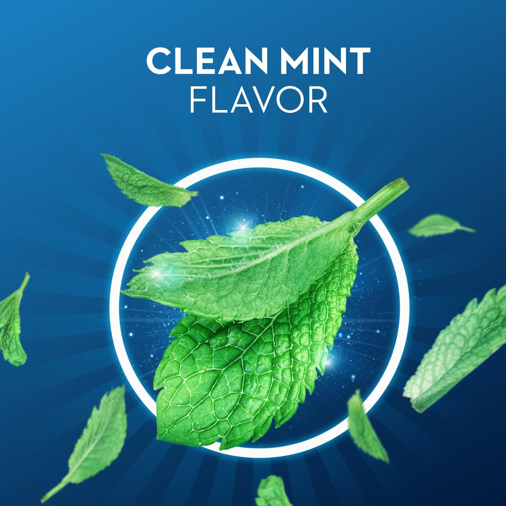 Oral-B fluoride toothpaste pack of 2 showing clean mint flavor graphic with fresh mint leaf on blue background