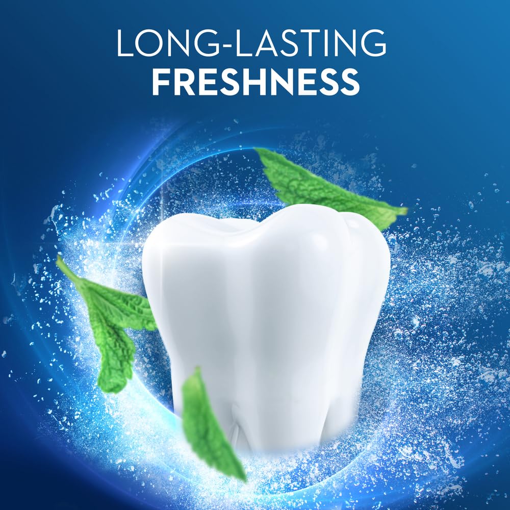 Oral-B fluoride toothpaste pack of 2 showing a white tooth icon with mint leaves and water splash for long lasting freshness