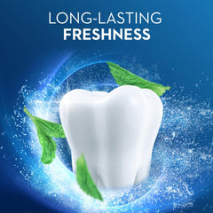 Oral-B fluoride toothpaste pack of 2 showing a white tooth icon with mint leaves and water splash for long lasting freshness
