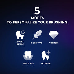 Oral-B iO7 electric toothbrush UAE image showing five brushing modes Daily Clean Sensitive Whiten Gum Care Intense