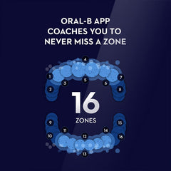 Oral-B iO7 electric toothbrush UAE app graphic showing 16 tooth zones coaching you to never miss a zone
