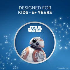 Oral-B Junior 6+ soft toothbrush with Star Wars BB-8 design on blue background for kids ages 6+