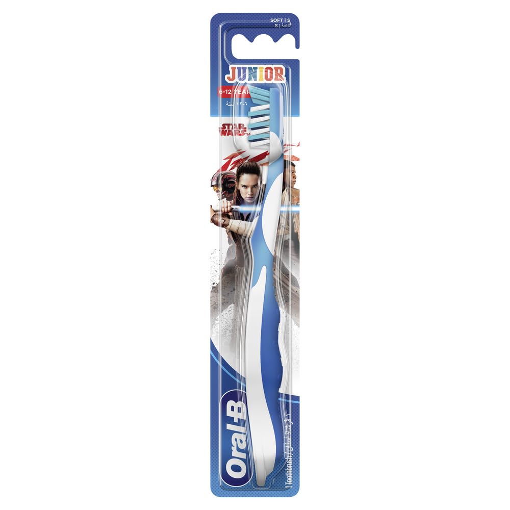 Oral-B Junior 6+ soft toothbrush with blue ergonomic handle and soft bristles featuring Star Wars character design for kids