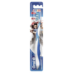 Oral-B Junior 6+ soft toothbrush with blue ergonomic handle and soft bristles featuring Star Wars character design for kids