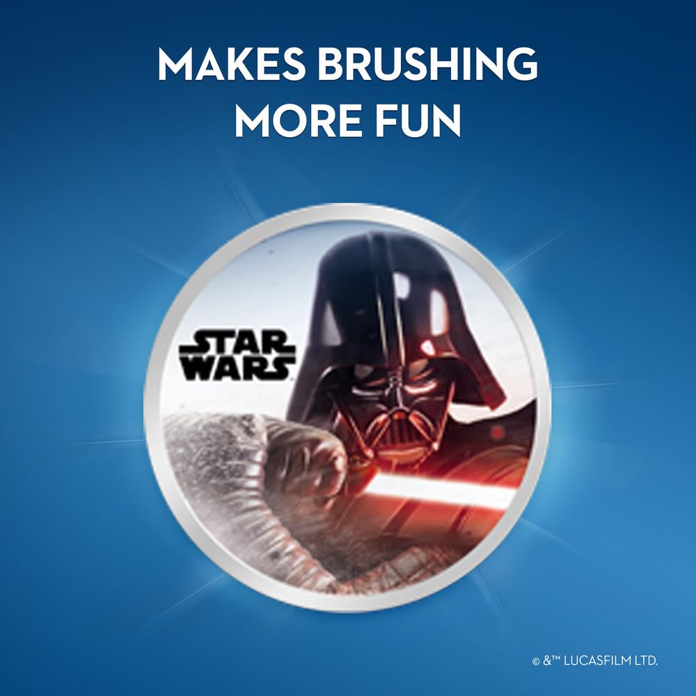 Oral-B Junior 6+ soft toothbrush with Star Wars Darth Vader round character badge on blue background