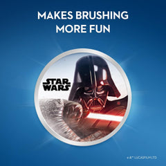 Oral-B Junior 6+ soft toothbrush with Star Wars Darth Vader round character badge on blue background
