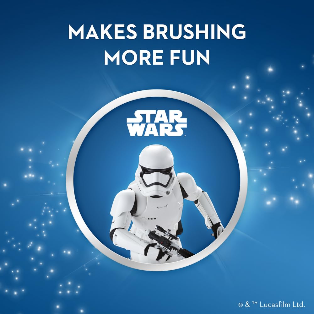 Oral-B Junior 6+ soft toothbrush featuring Star Wars stormtrooper design on blue background with makes brushing more fun text