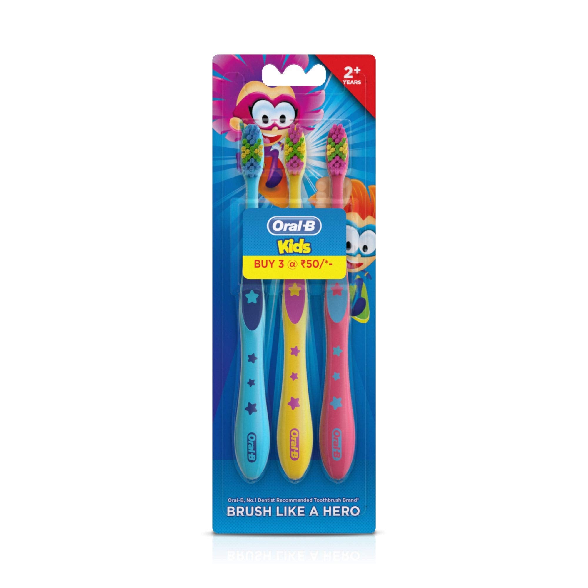 Oral-B kids toothbrush extra soft 3 pack colorful toddler toothbrushes in blister pack with cartoon hero designs