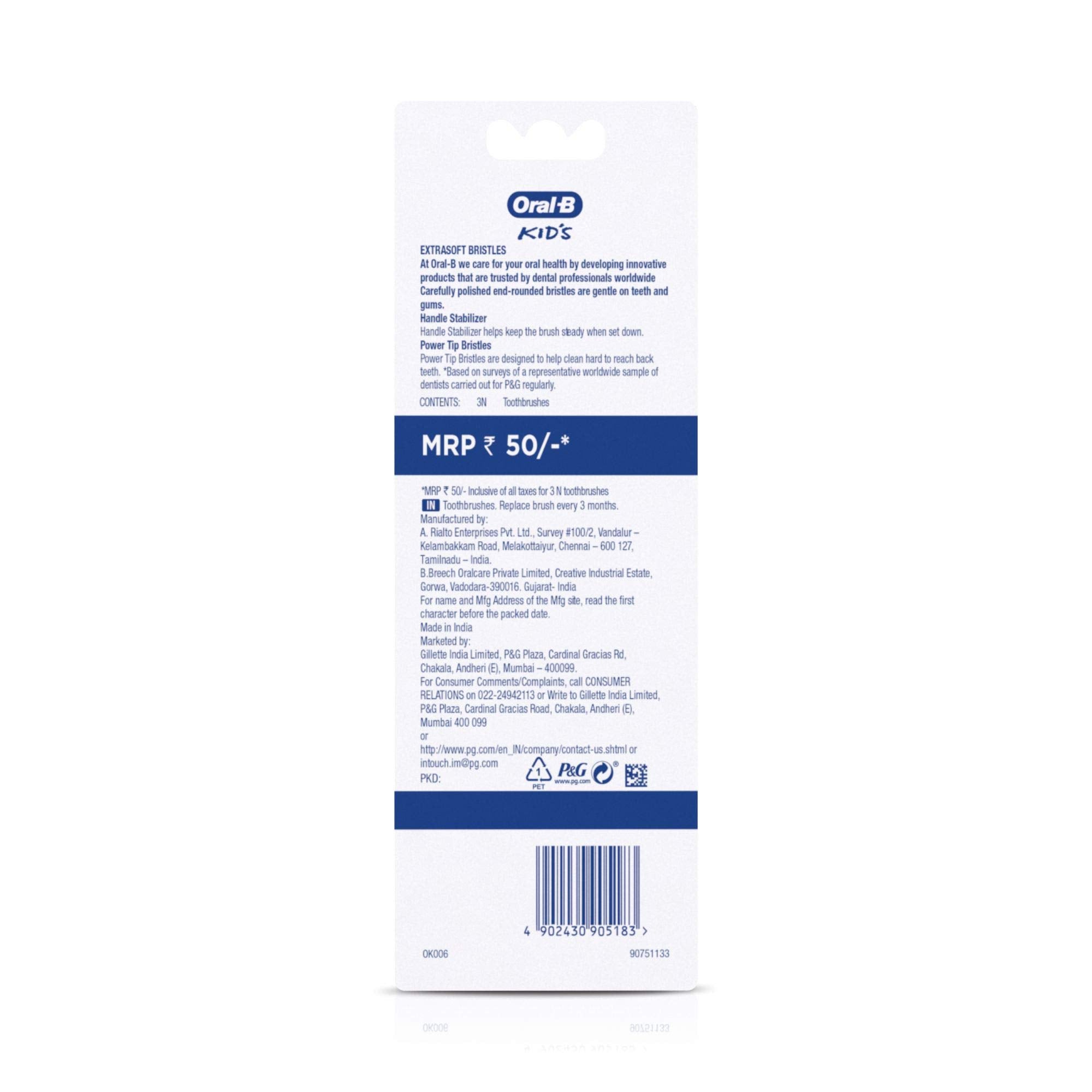 Back view of Oral-B kids toothbrush extra soft packaging showing product details instructions and barcode