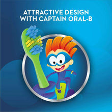 Kids toothbrush with blue bristles on green handle, captain-style cartoon look