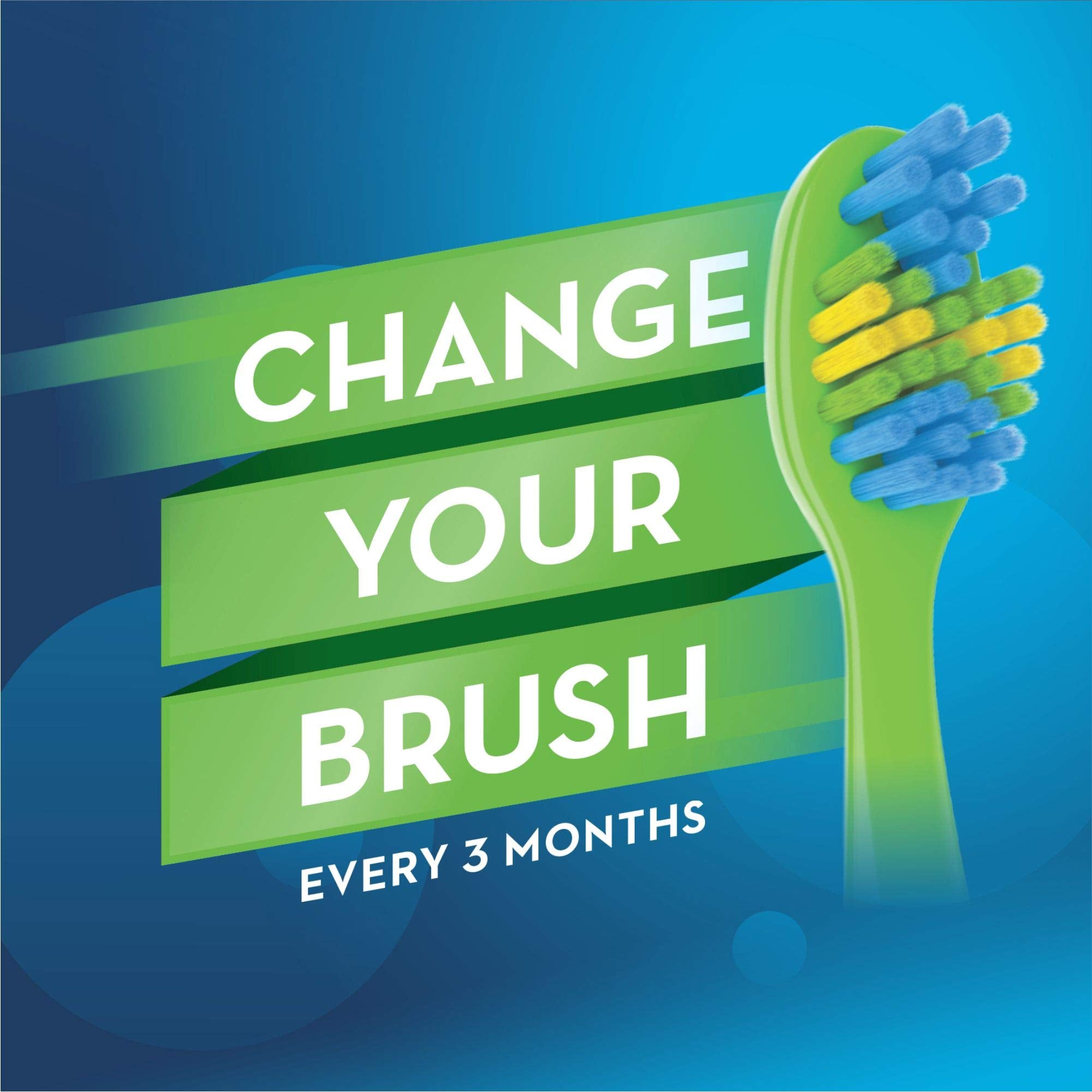 Oral-B kids toothbrush extra soft green toothbrush head with blue and yellow bristles and change your brush banner