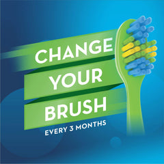 Oral-B kids toothbrush extra soft green toothbrush head with blue and yellow bristles and change your brush banner