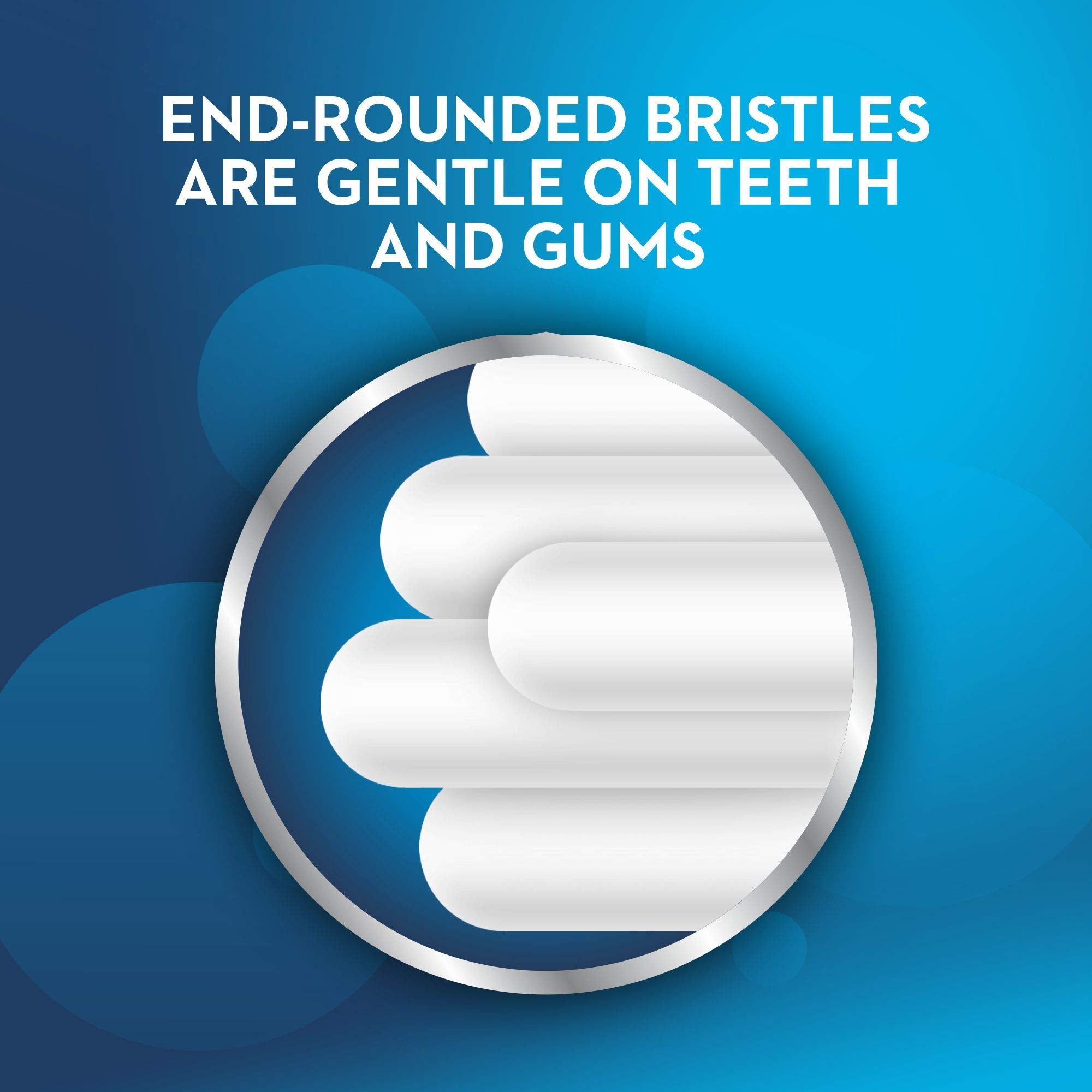 Oral-B kids toothbrush extra soft close up of end rounded bristles on blue background gentle on teeth and gums