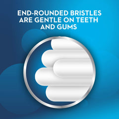 Oral-B kids toothbrush extra soft close up of end rounded bristles on blue background gentle on teeth and gums