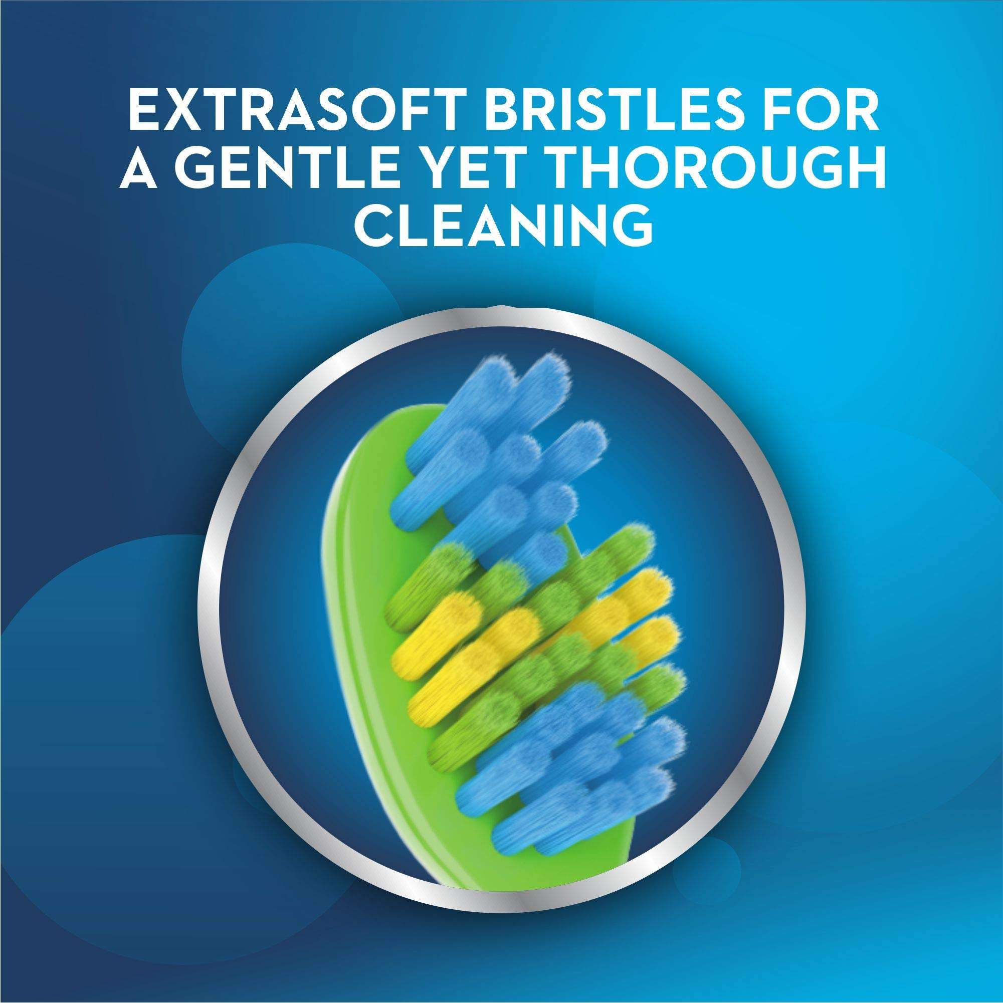 Oral-B kids toothbrush extra soft close up of multicolor extra soft bristles on green toothbrush head