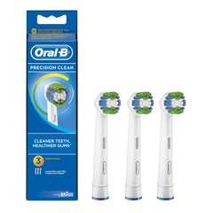 Pack of three Oral B Precision Clean replacement heads with green and blue bristles beside blue Oral B packaging
