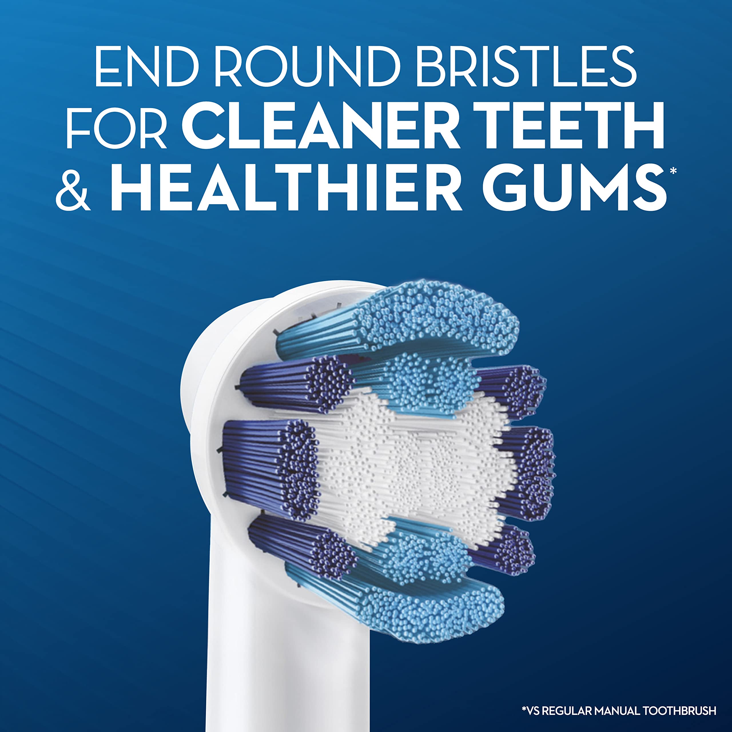 Close up of Oral B Precision Clean replacement heads showing round bristles for cleaner teeth and healthier gums