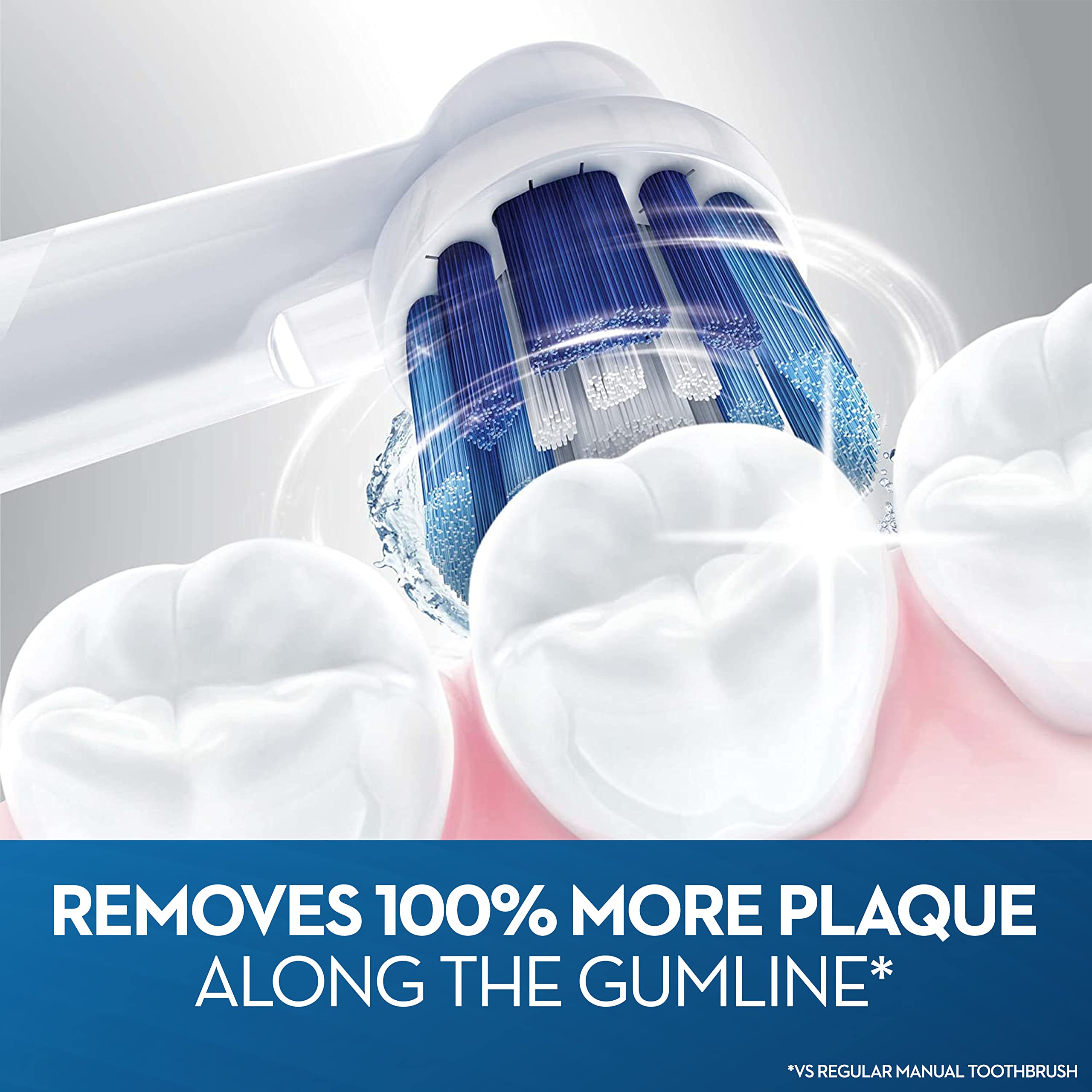 Closeup of Oral B Precision Clean replacement heads. Round brush cleaning molars removing plaque along gumline