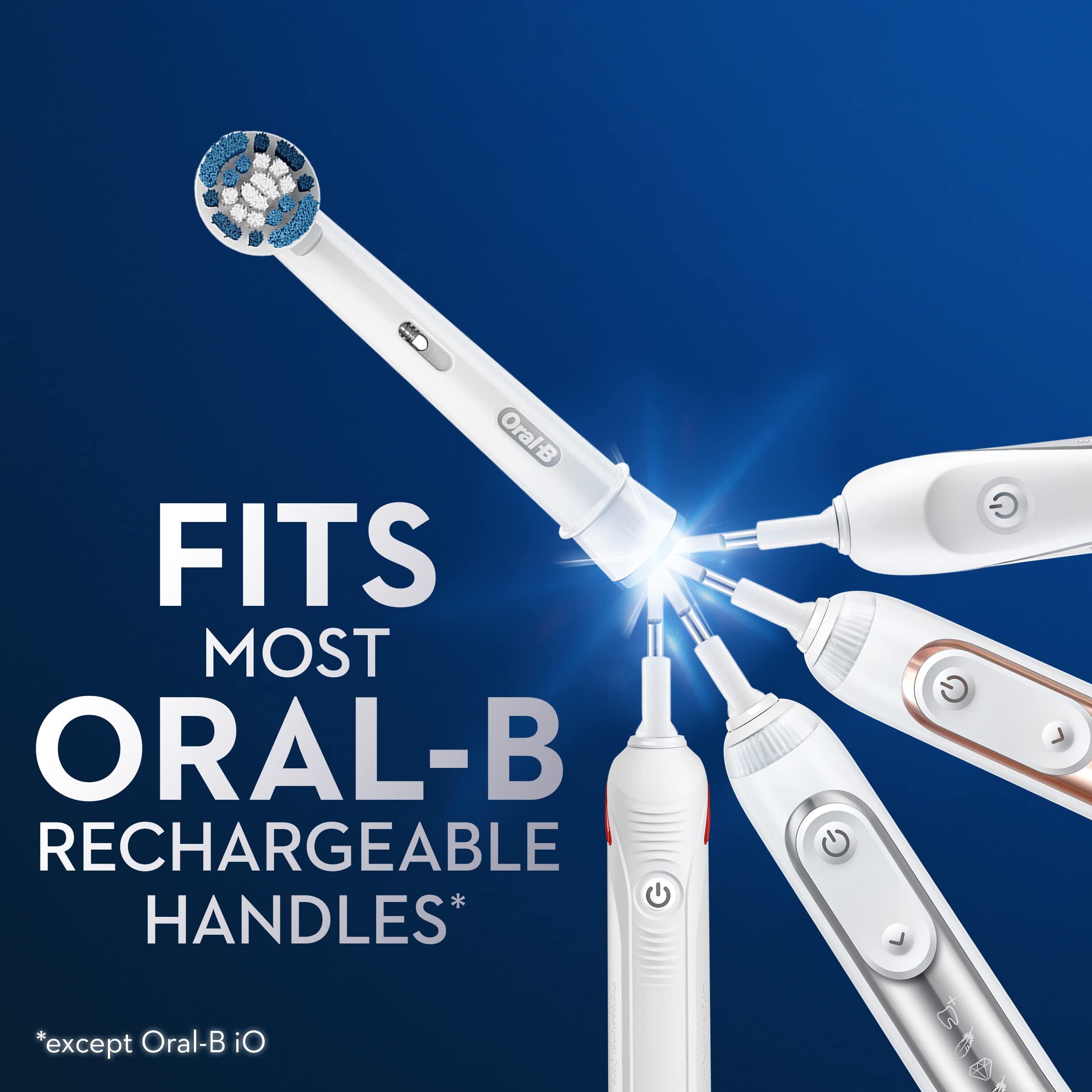 Oral B Precision Clean replacement heads next to round brush head and several Oral B rechargeable handles fitting most