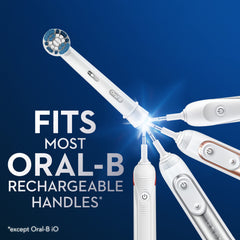 Oral B Precision Clean replacement heads next to round brush head and several Oral B rechargeable handles fitting most