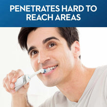 Three Oral-B Precision Clean replacement heads on white toothbrush handles with blue tips