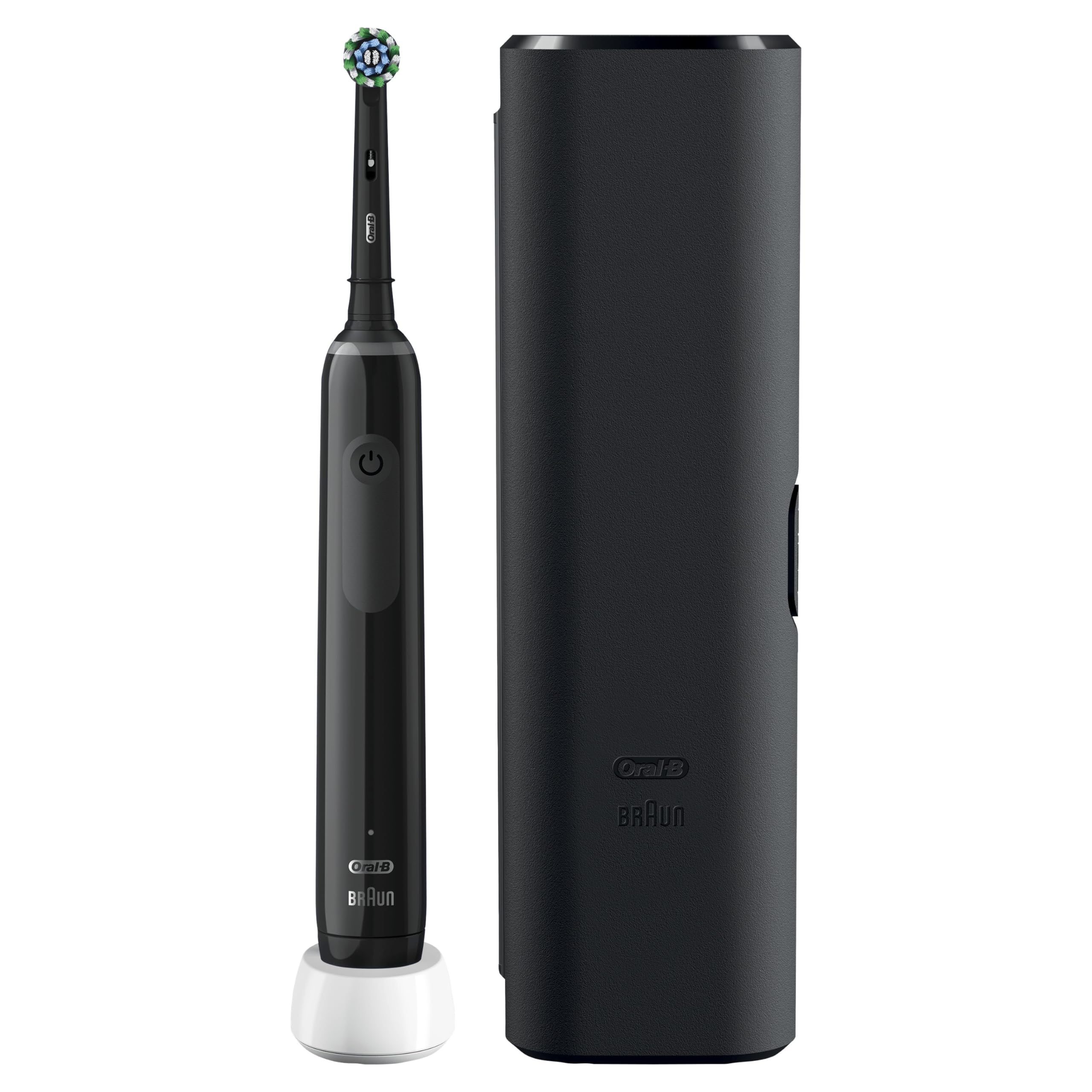 Oral-B Pro 3 3500 electric toothbrush black handle round brush head on charging base with black travel case