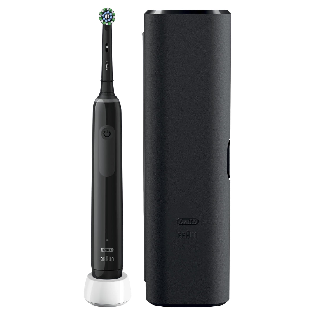 Oral-B Pro 3 3500 electric toothbrush black handle round brush head on charging base with black travel case