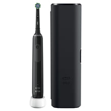 Black electric toothbrush handle with visible pressure sensor and charging stand base