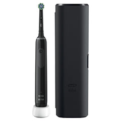 Oral-B Pro 3 3500 electric toothbrush black handle round brush head on charging base with black travel case