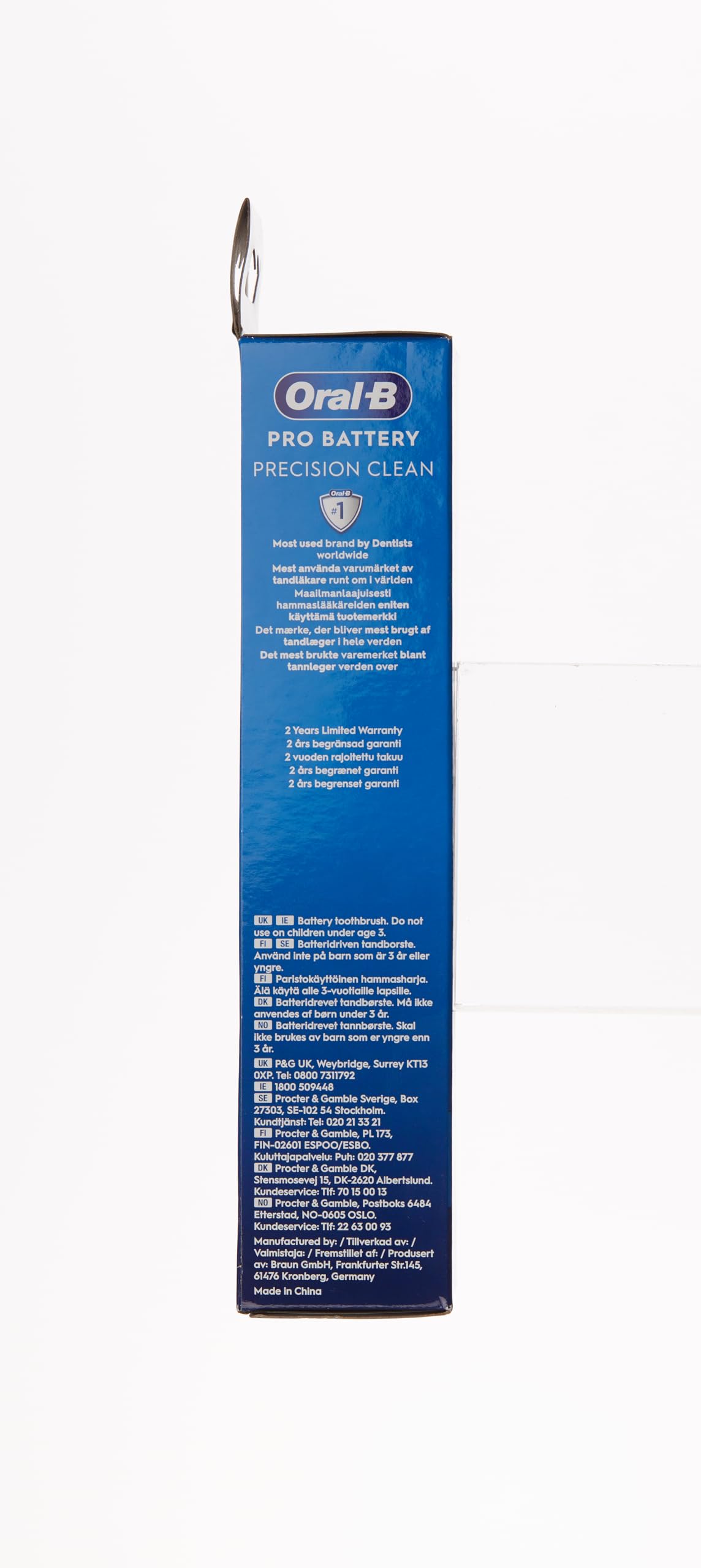 Oral-B Pro battery toothbrush blue Precision Clean replacement brush packaging side view with hanging tab